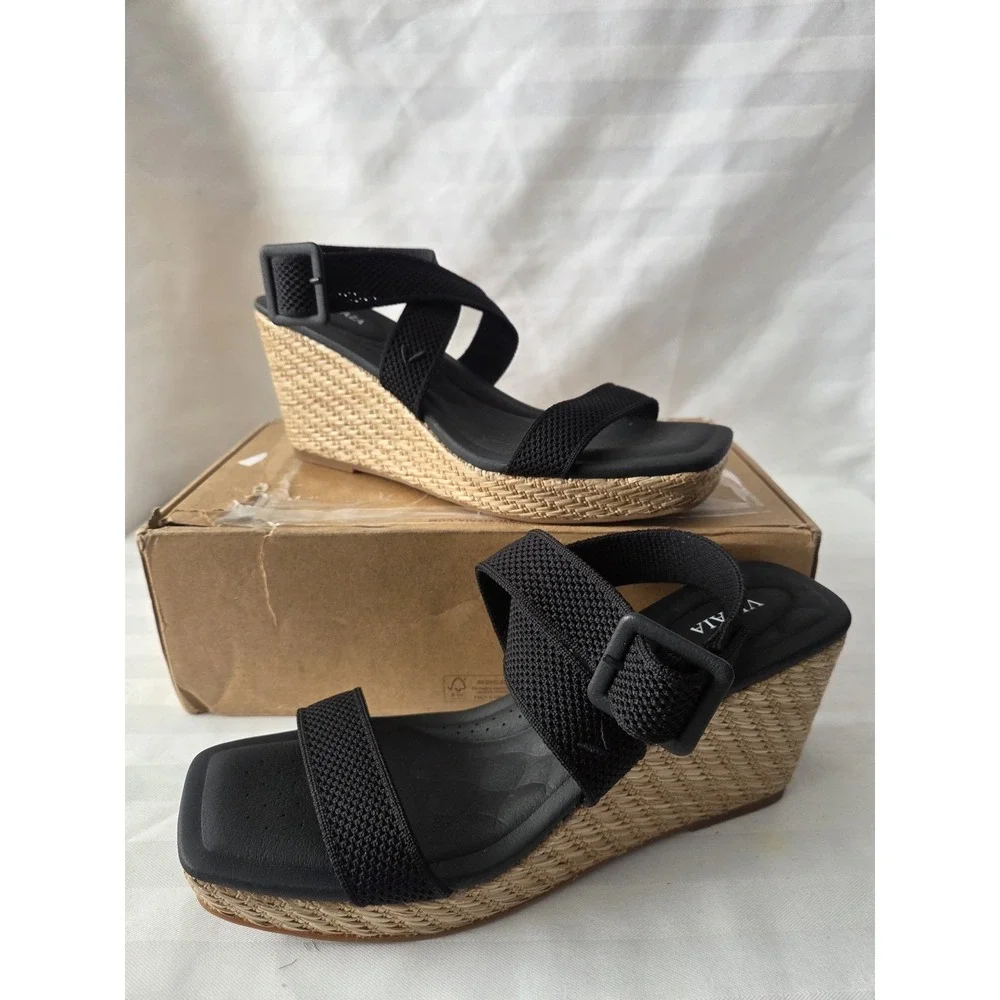 VIVAIA Lyla Black Knit Espadrille Wedge Sandals Square Toe Women Size EU 40 US 9